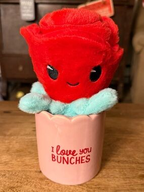 NWOT DanDee Smiley Red Rose Plush with Pink Ceramic Vase- I Love You Bunches CVS